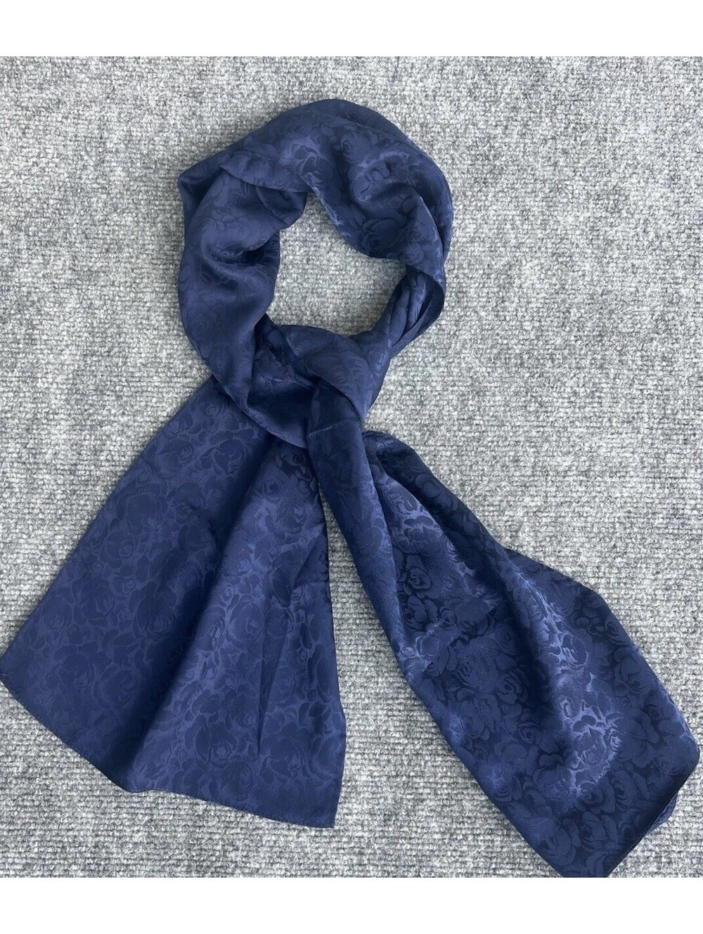 Vintage 100% Silk Scarf Navy Blue Floral Jacquard Made in Hong Kong 10X52